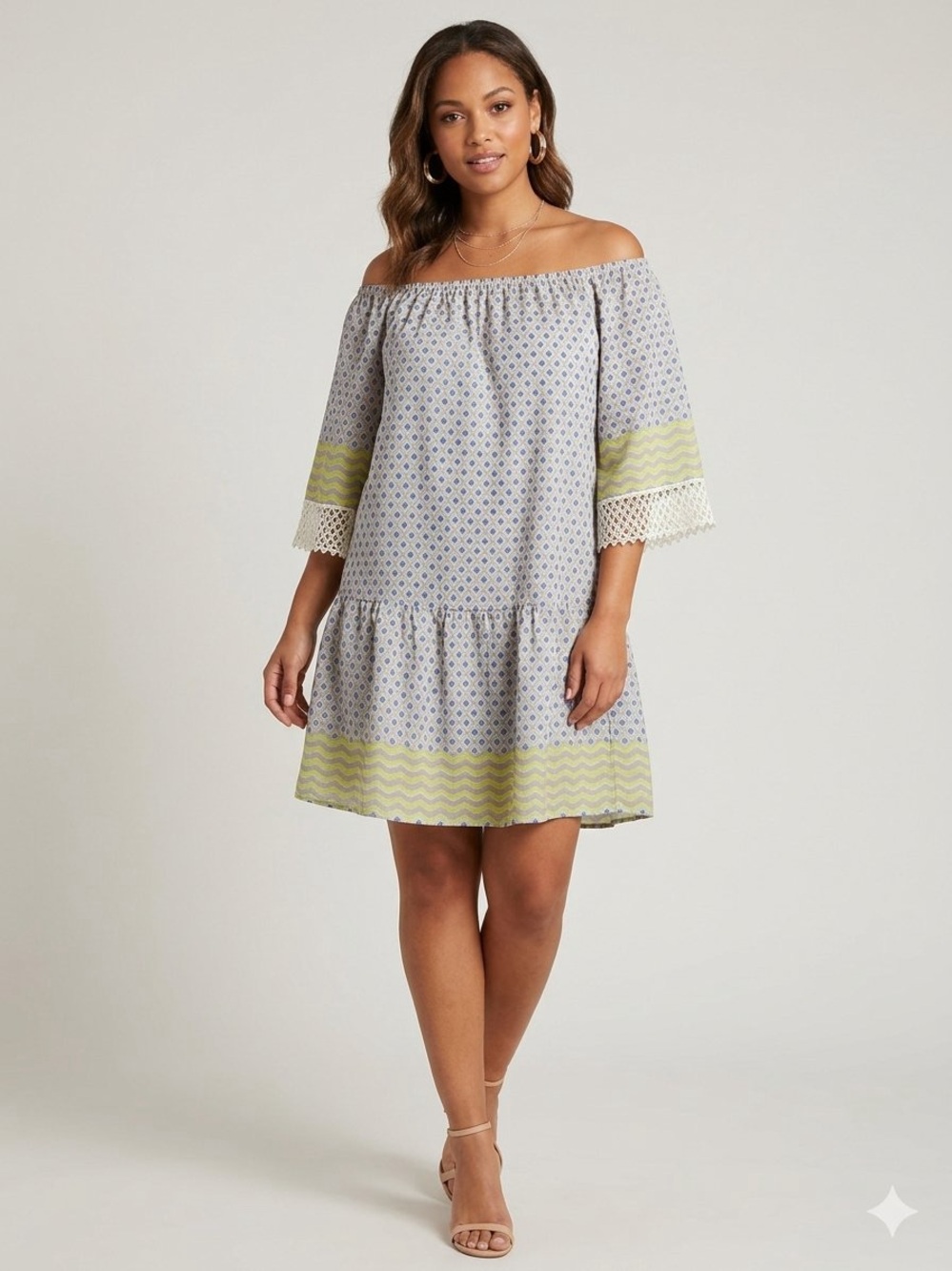 Umgee Off-Shoulder Light Gray Dress with Yellow Trim